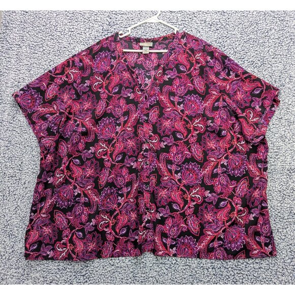 Catherines Tops - Catherines Button Up Top Womens 5X Floral Lightweight Stretch Short Sleeve Pink